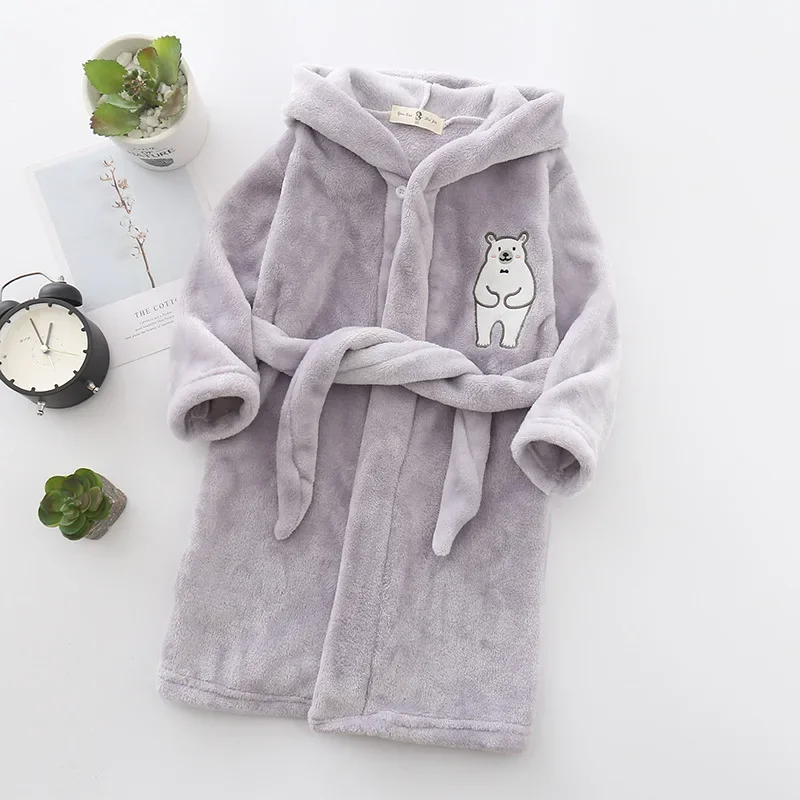 Kids Hooded Flannel Bathrobe Baby Bath Bear printed Robes Boy Girls Cute Cartoon Soft Warm Pajamas Long Sleeve Towel Robe