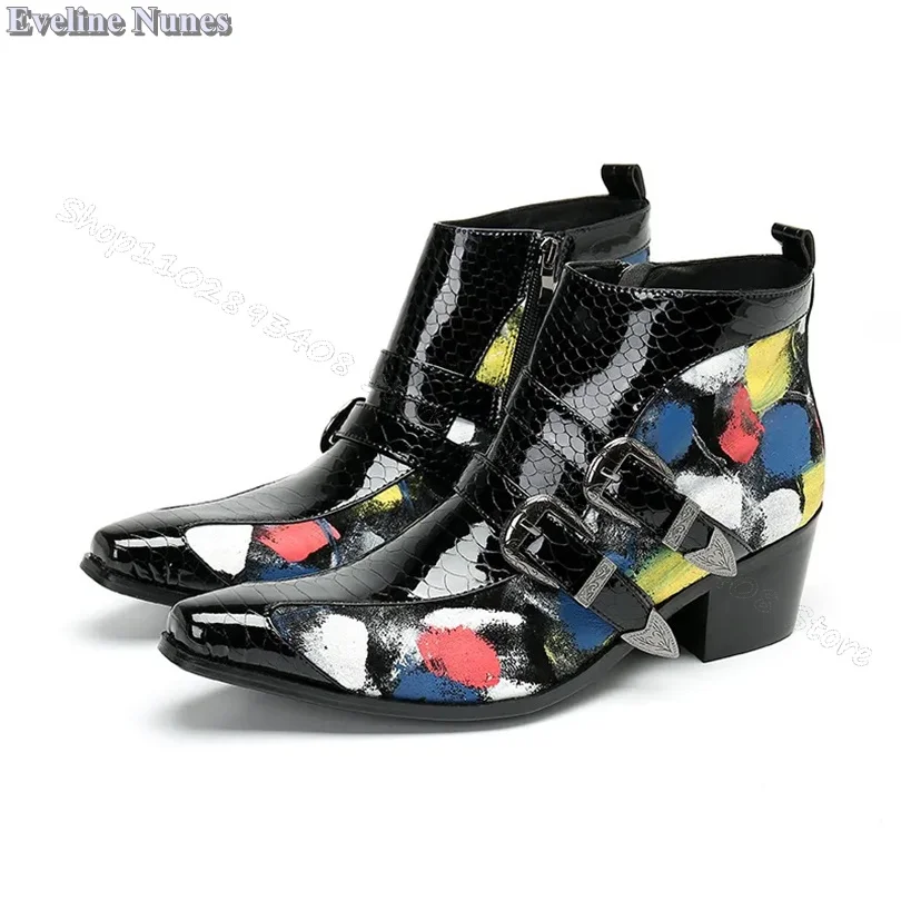 

Black Print Buckle Decor Men Boots Side Zipper Personality Men Shoes Stylish Spring Party Men Boots Size 37-46 Zapatillas Mujer