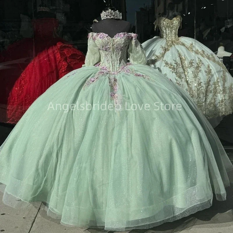 Angelsbridep Sage Green Ball Gown 15 Year Old Quinceanera Dresses Beading Bow Short Sleeves Birthday Party Gown