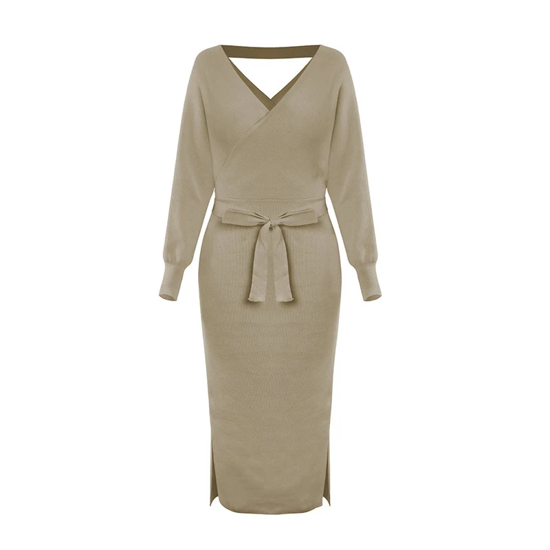 

Luxury Woman Elegant Long Sleeve Dresses 2024 New Fashion Black Friday Winter Knitted Midi Dress Slim Lady Robe Free Shipping