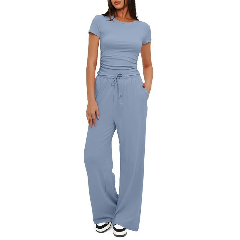 Women's elegant wide leg long pants short sleeved top casual loose sportswear XS-2XL 7Colors