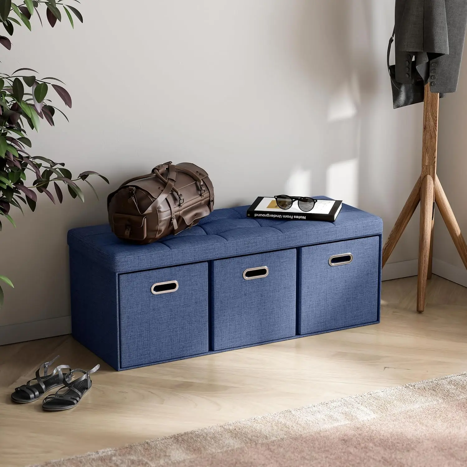 Storage Ottoman with 3 Drawers, 40 Inches Long Foldable Tufted Linen Large Bench Ottoman with Storage, Foot Rest Stool Seat