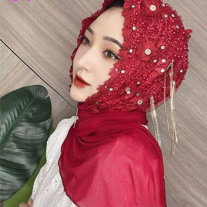 Luxury Muslim Wedding Hijab Scarves Embroidery Turban Hats Tassel Caps Malay Head Wrap For Women Beanie Dubai Islamic Head Scarf 2