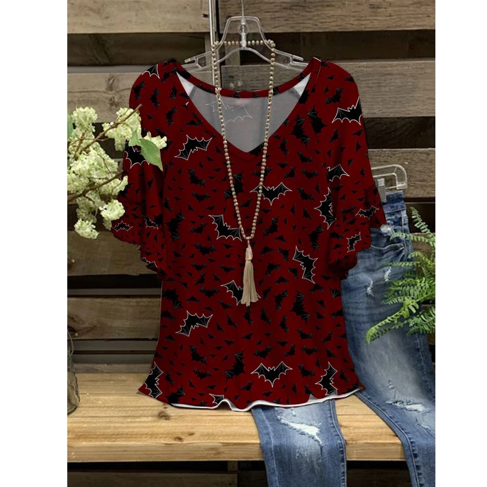 

Women Summer Tops 3D T-Shirt Loose Ruffle Halloween Printing V-Neck Short Sleeve Casual T-Shirt Summer Streetwear