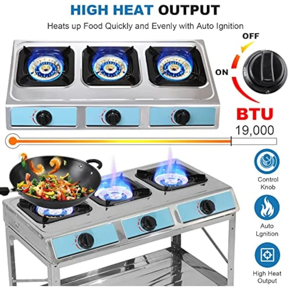Propane Gas Stove 3 Burner Gas Stove with Removable Leg Stand Portable Auto Ignition Camping three Burner LPG