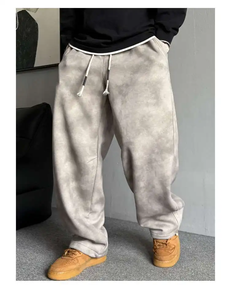 Große Herren Herbst und Winter schwere Retro alte schmutzige Toilettenhose gerade lose Kordelzug Hose mit weitem Bein – Detail 3