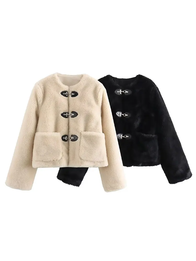 HH Women Elegant Fashion Solid Cropped Coats O Neck Long Sleeve Button Jackets With Pockets Autumn High Street Lady Outerwear