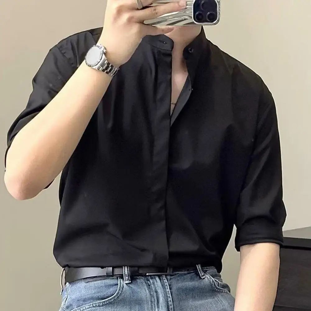 

Solid Color Men Shirt Elegant Stand Collar Men's Business Shirt Slim Fit Half Sleeves Cardigan Soft Breathable for Commute