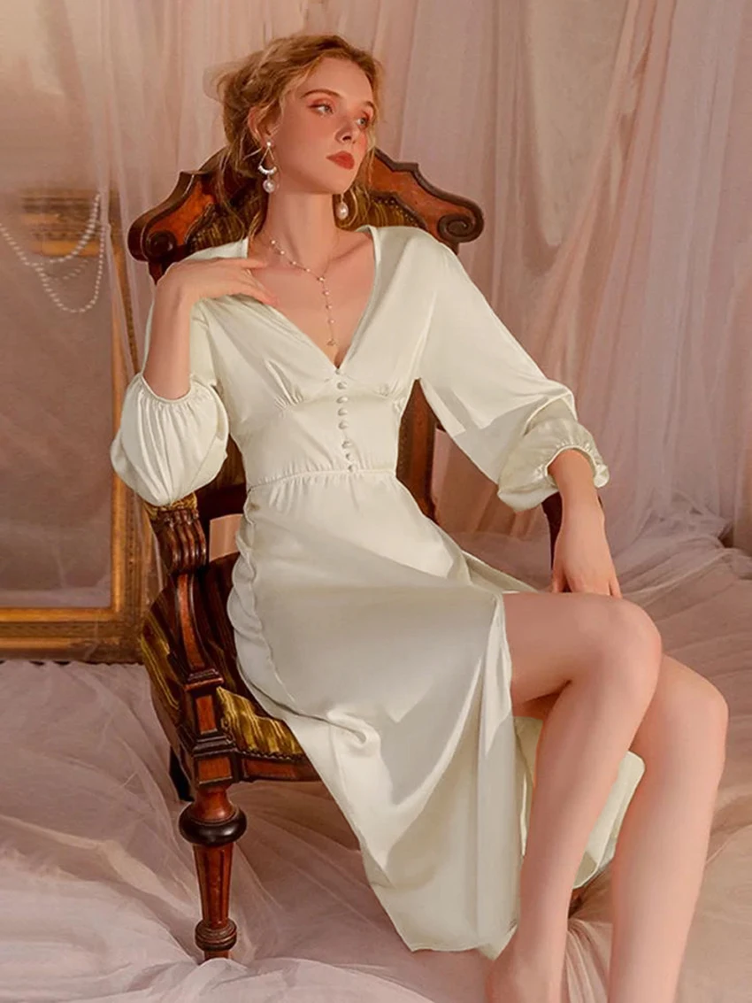 Marthaqiqi Fashion Ladies Nightgowns Mid-Calf Dress Sexy V-Neck Sleepwear Long Sleeve Nightwear Split Pajamas Women'S Nightie