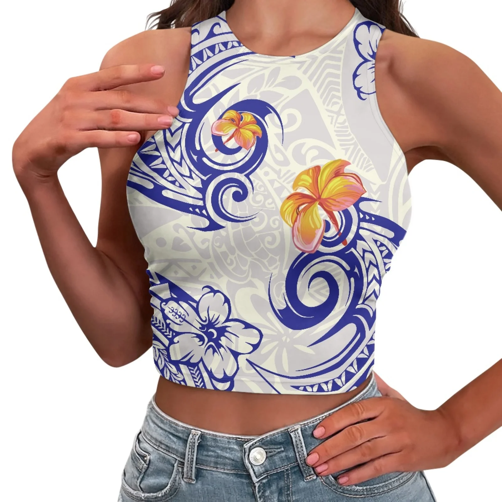 

Polynesian Tribal Tongan Totem Tattoo Tonga Prints Hibiscus Floral Girls Women Fashion Sleeveless O-neck Exposed Navel Sexy Tops