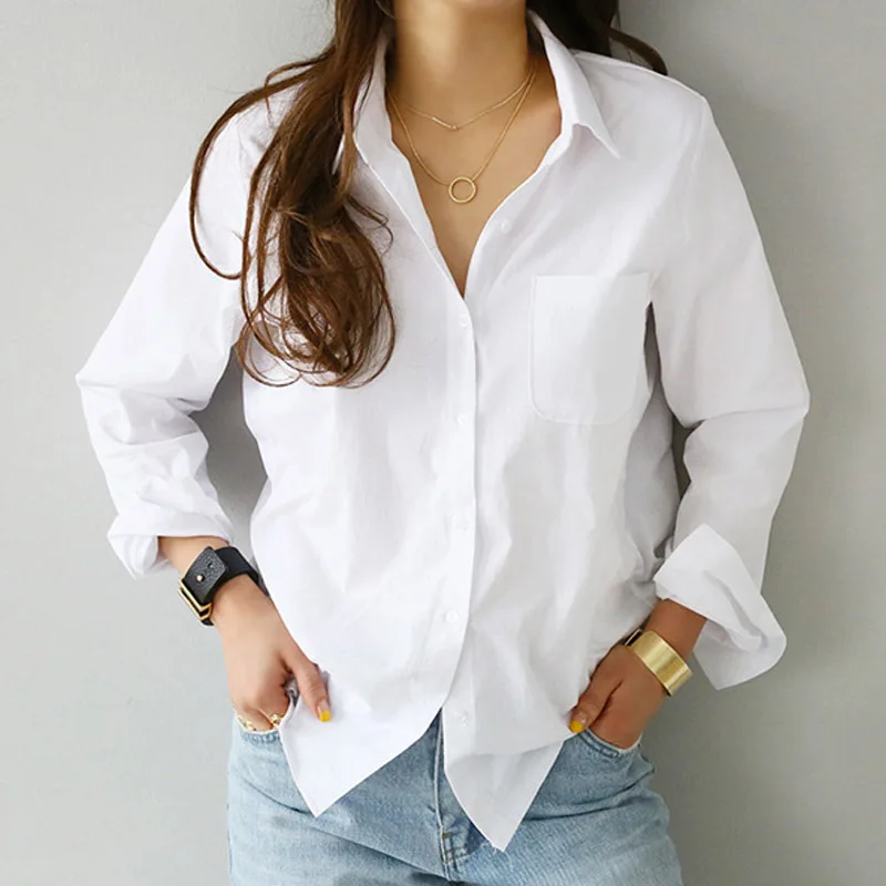 Long Sleeve Ladies Tops Blouses Office Elegant Button Casual Cotton White Shirt Women Turn-down Collar Loose Blouse Women 3496