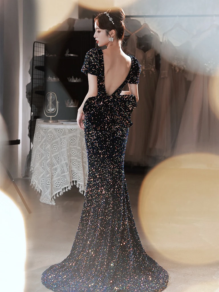 

Shiny Celebrity Dress V Neck Sequined Black Short Sleeve Mermaid Bow Luxury Court Train Formal Party Cocktail Prom Gowns Vintage