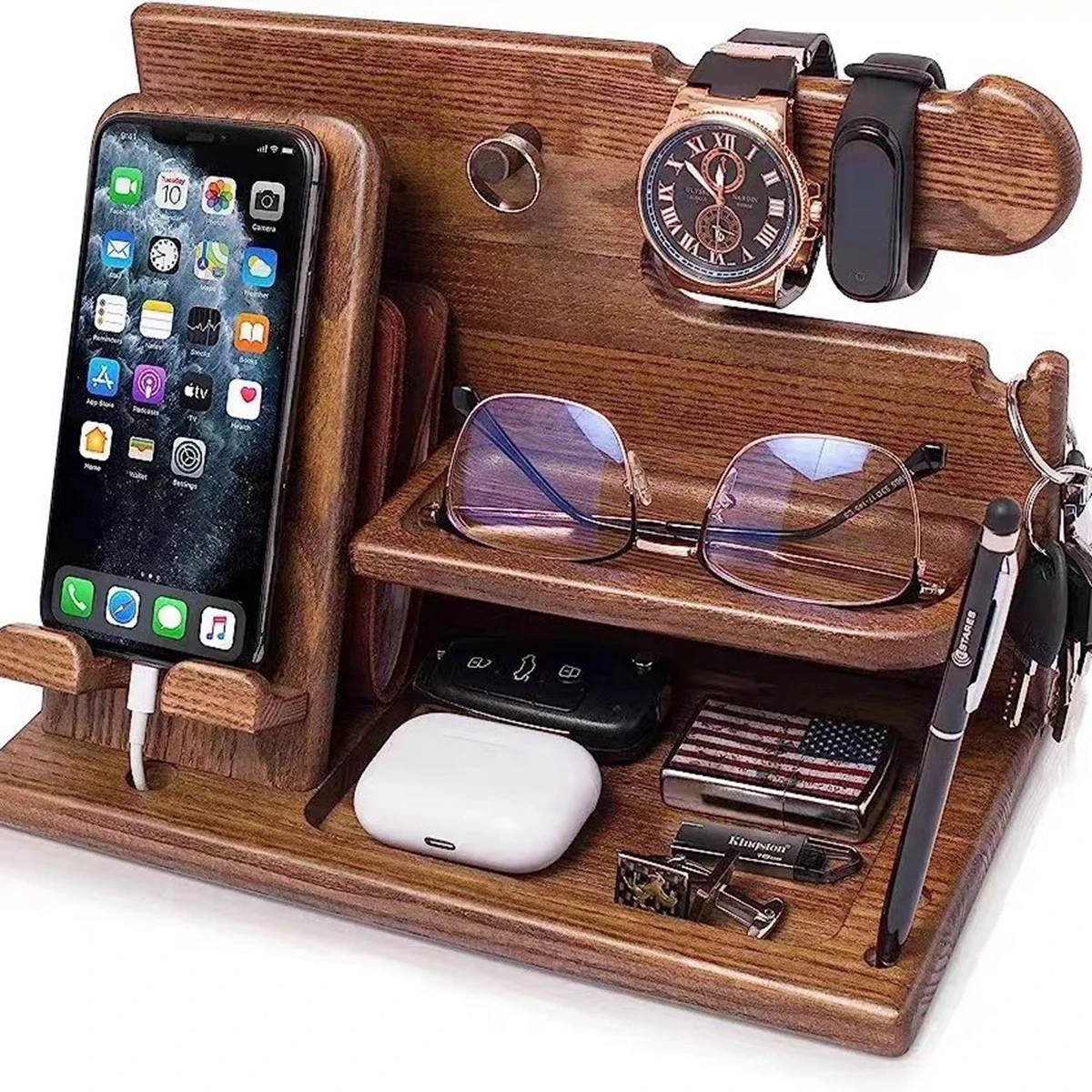 

Multi-functional Wooden Telephone Extension Base Father's Gift Bedside Table Desktop Organizer Storage Rack Mobile Phone Holder