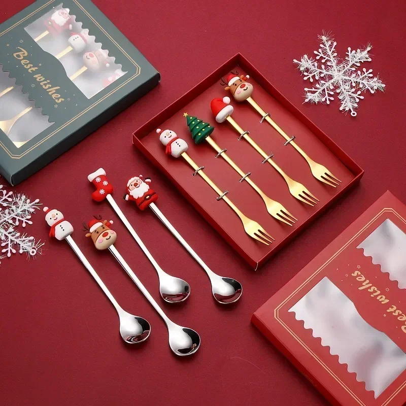 6/4/1PCS Christmas Gift Glod Spoon Fork Set Elk Christmas Tree Decoration Dessert Scoop Fruit Fork Coffee Spoon Cutlery Set
