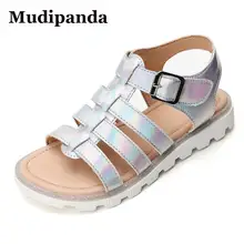 

Summer Children Beach Sandals Boys&girls Hollow Fish Mouth Shoe Kids Leather Pu Sandals Non-slip Girls Roman Flat Shoes Silver