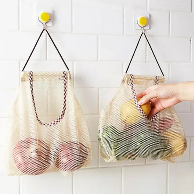 

Kitchen Fruit Vegetable Garlic Onion Hanging Storage Bag Breathable Reusable Mesh Bags Organizer Home Storage Accessories