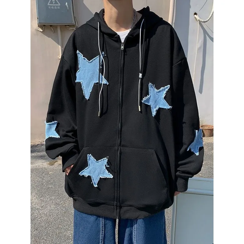 

Fashion Y2k Mens Jacket Coat Harajuku Star Patch Zipper Oversized Hoodies Streetwear Hip Hop Gothic Loose Pocket Man Sweatshirts
