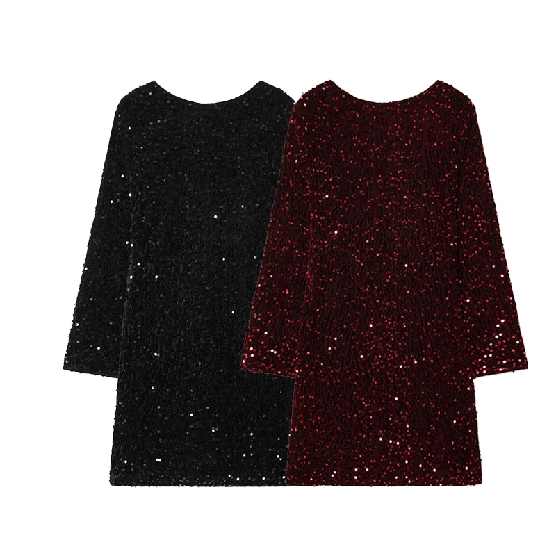 2026 Women Fashion Sequin Elegant Short Dress New Long Sleeve O neck Mini Dress Female Evening Party Dresses