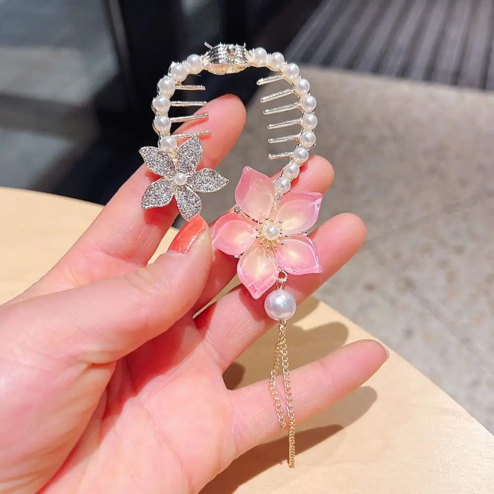 

Pearl Flower Ponytail Holder Sweet Antique Butterfly Flower Horsetail Buckle Claw Clip Tassel Hanfu Headwear Hair Clips