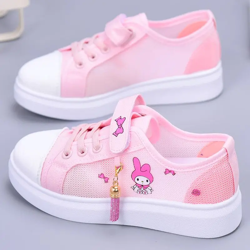 

2024 Kuromi Tennis Girls Sanrio Kawaii Anime My Melody Sneakers Summer Cartoon Sweet Cute Babys Breathable Canvas Shoes Kid Gift