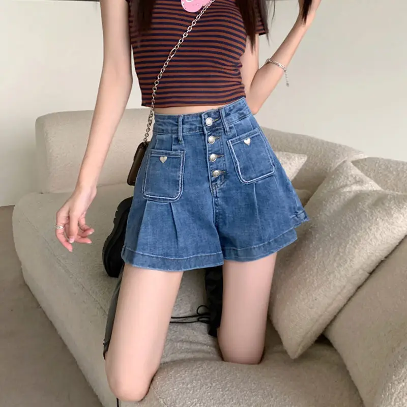 Women's Summer 2024 New Korean Hotsweet Solid Color Elastic Spliced Pockets Button High Waist A-line Loose Denim Wide Leg Shorts