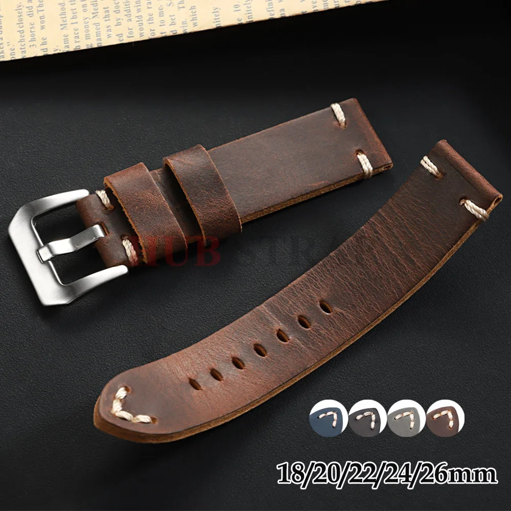 18mm 20mm 22mm 24mm 26mm Vintage Rindsleder Uhrenarmband Handgefertigte Nähte Lederarmband für Panerai für Seiko Smartwatch Armband