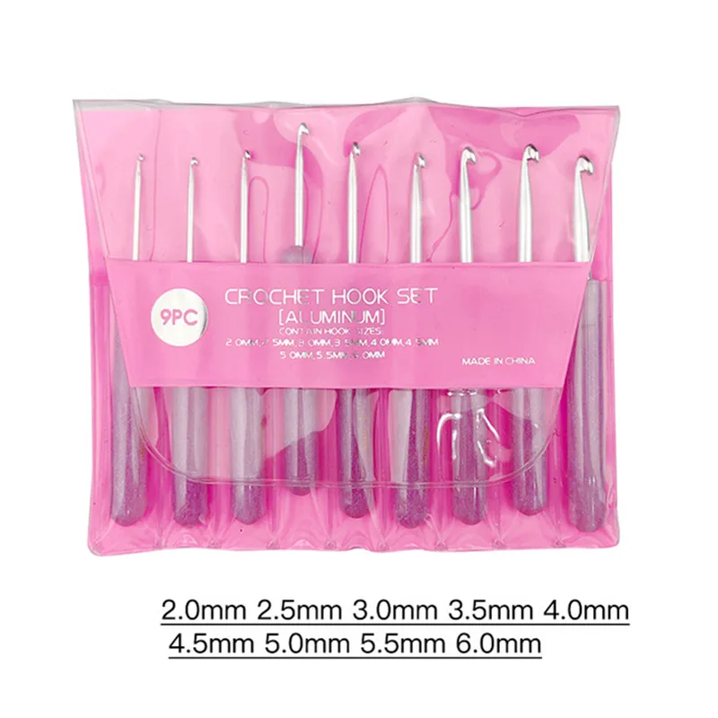 9Pcs/Set DIY 2.0-6.0mm Plastic Handle Aluminum Crochet Hooks Set