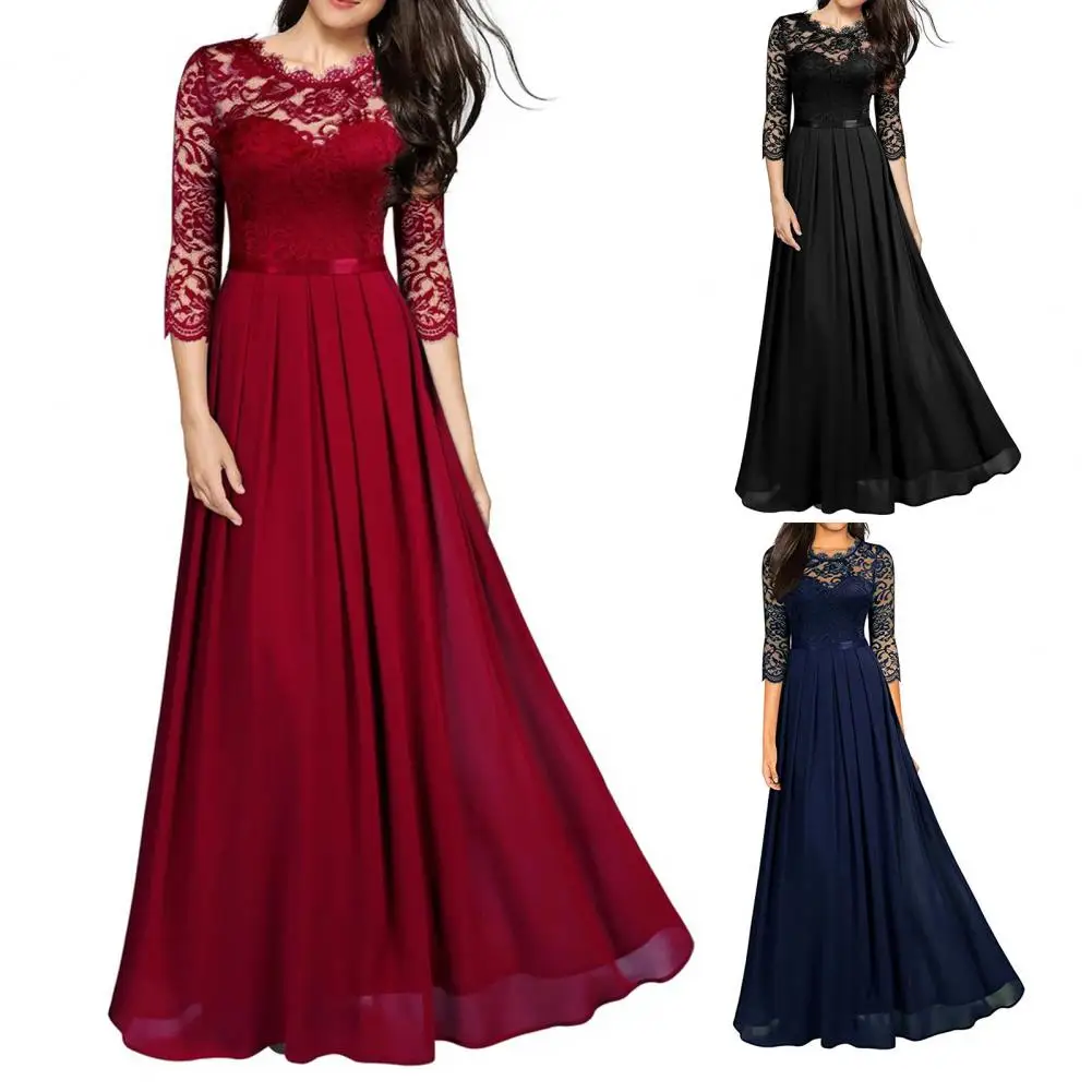 

Holiday Dress Stitching Lace Long Dress 3/4 Lace Sleeve Slim Fit Party Dress