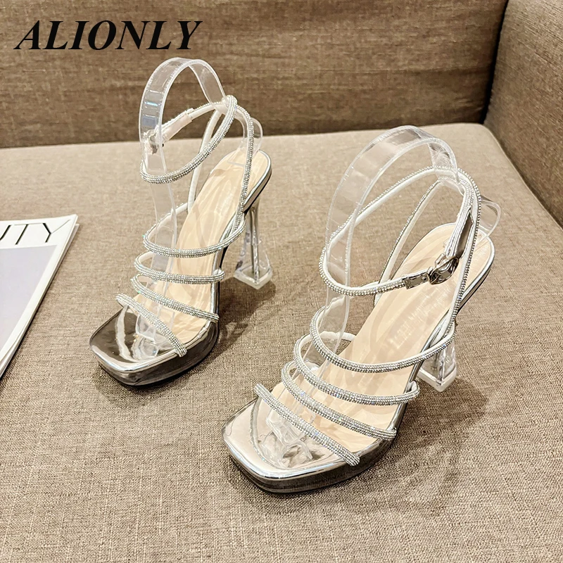 

Alionly 2024 New Women's Shoes Waterproof Platform One line Buckle with Water Diamond Thin High Heel Sandals