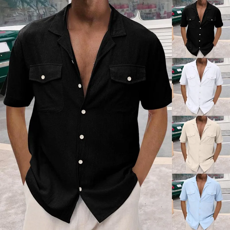 

2023 New Men's Solid Color Pure Cotton Breathable Casual Cardigan Short Sleeve Double Pocket Shirt