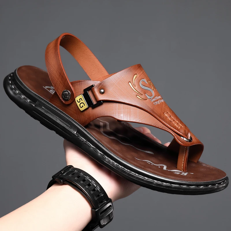 Leather Sandals Men's Summer Soft soled Anti slip Beach Flip-flops Casual Outwear