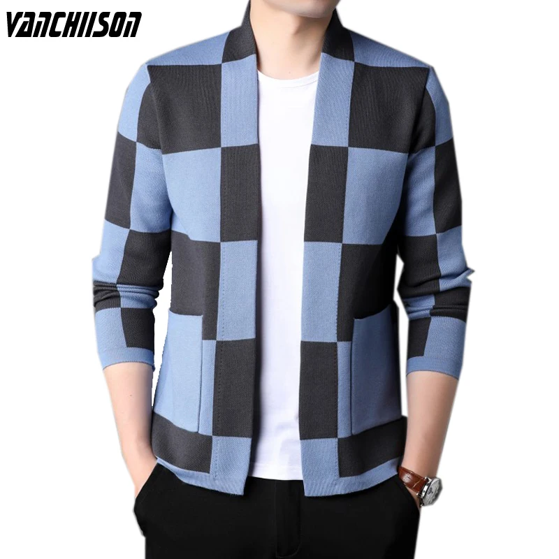 

Men Knit Cardigan Outwear Checkered Checkboard Plaids for Spring Autumn Sweater Jacket Outwear Male Fashion Casual 00286