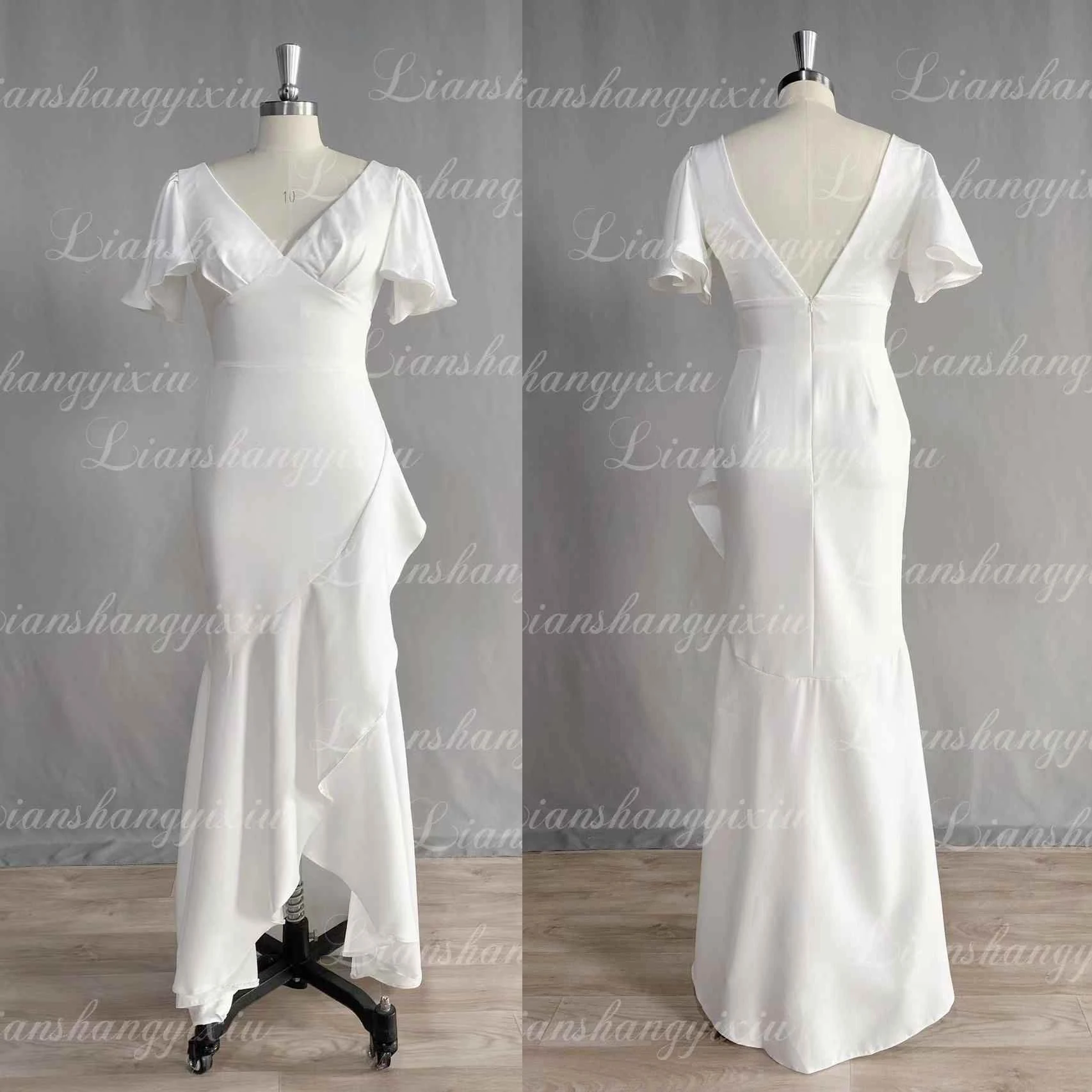 Boho Wedding Dress Simple Beach Summer Short Sleeve V-Neck Chiffon Backless Robe De Mariee Custom Made For Women Bridal Gowns