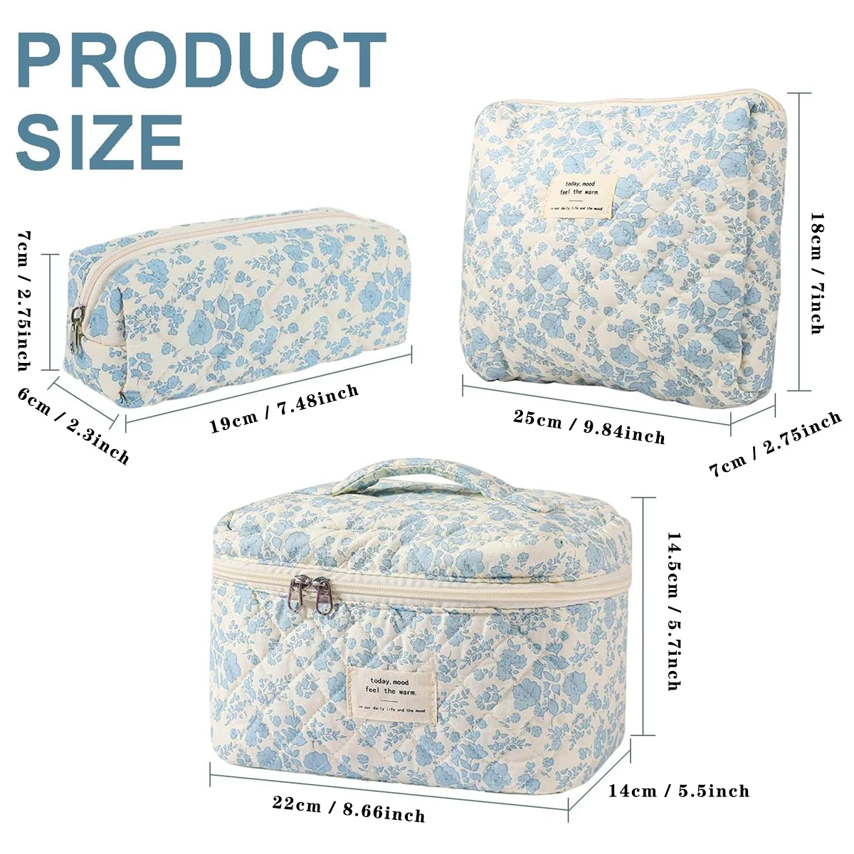 YANZAI 3 Pcs Cotton Quilted Makeup Bag Set, Floral Cotton Cosmetic Bag, Aesthetic Women's Large Capacity Toiletry Organizer 2
