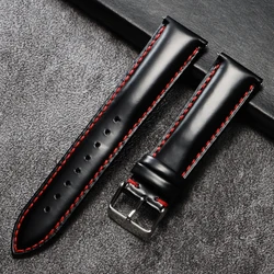 Vintage Polished Cowhide Quick Release Stitching Watch Strap, 20 - 22mm Universal Wristband - 22mm (Black - red)
