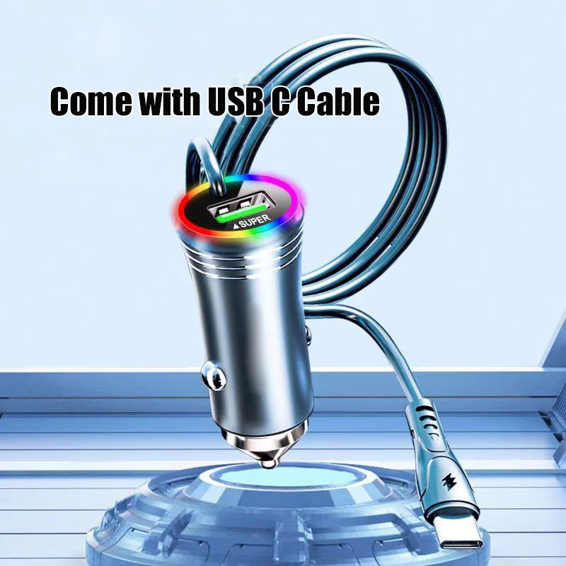 2 in 1 USB 차량용 휴대폰 충전기, C타입 케이블, PD 초고속 충전 어댑터, 아이폰 15, 14, 아이패드, 삼성, OPPO, 원플러스, 화웨이용 
