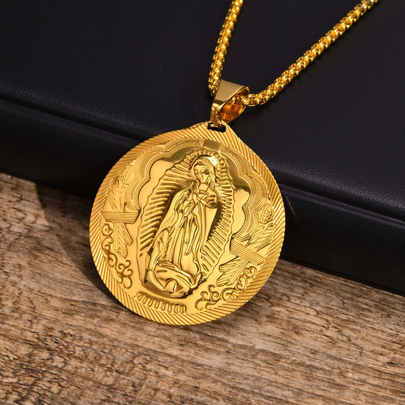 Gold-Tone Virgin Mary Pendant Necklace, Stainless Steel Religious Jewelry Gift