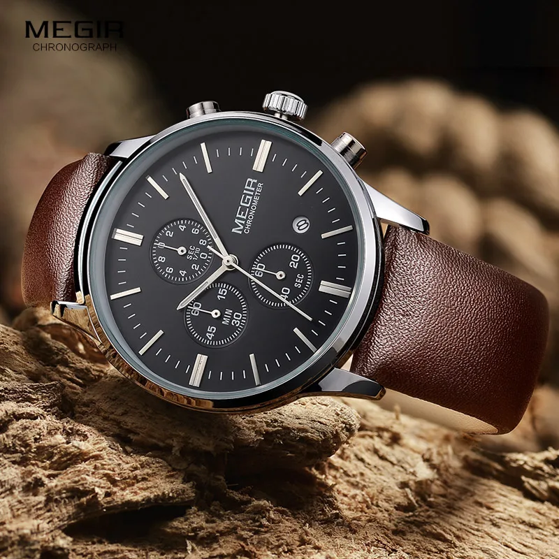 Fashion Megir 2011 Top Brand Quartz Men Luminous Waterproof Sports Watch Man Commercial Genuine Leather Business Wrist Watches - 2