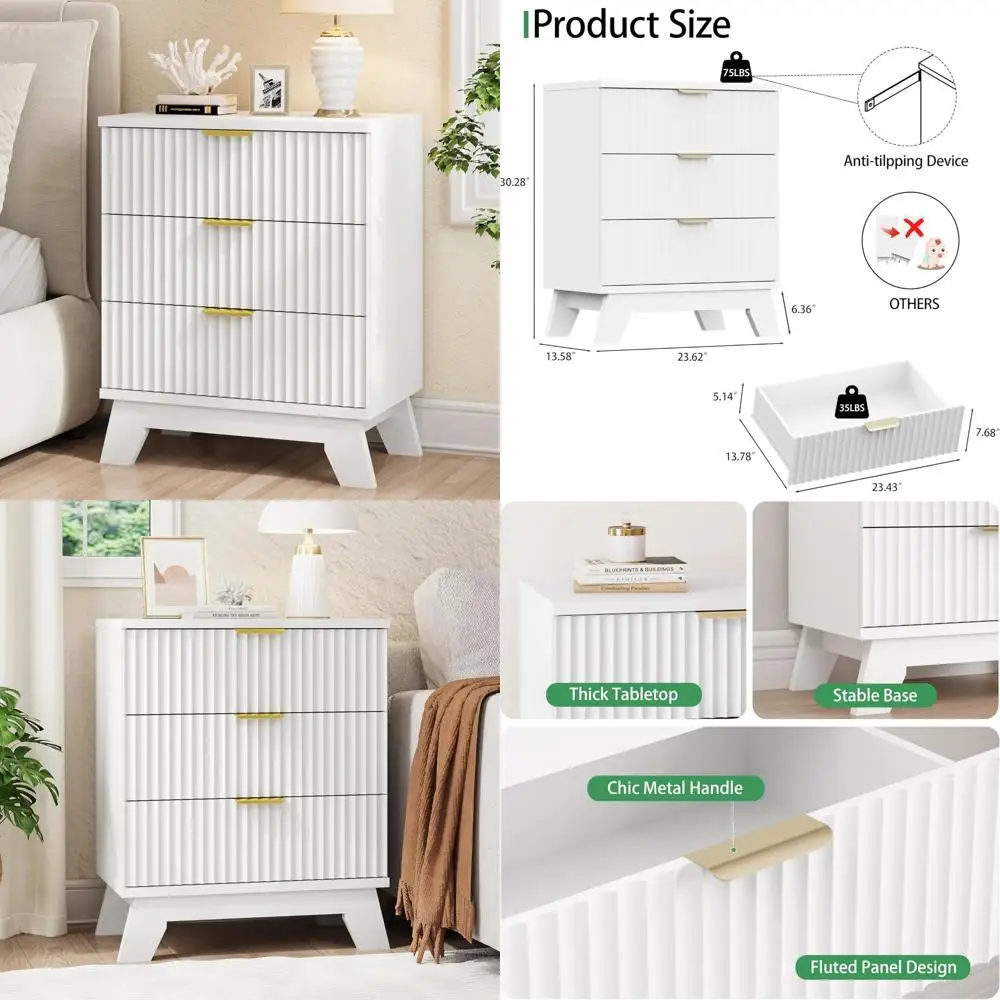 Mid-Century Modern 24" Wide Fluted Side Table with 3 Storage Drawers and Metal Handles