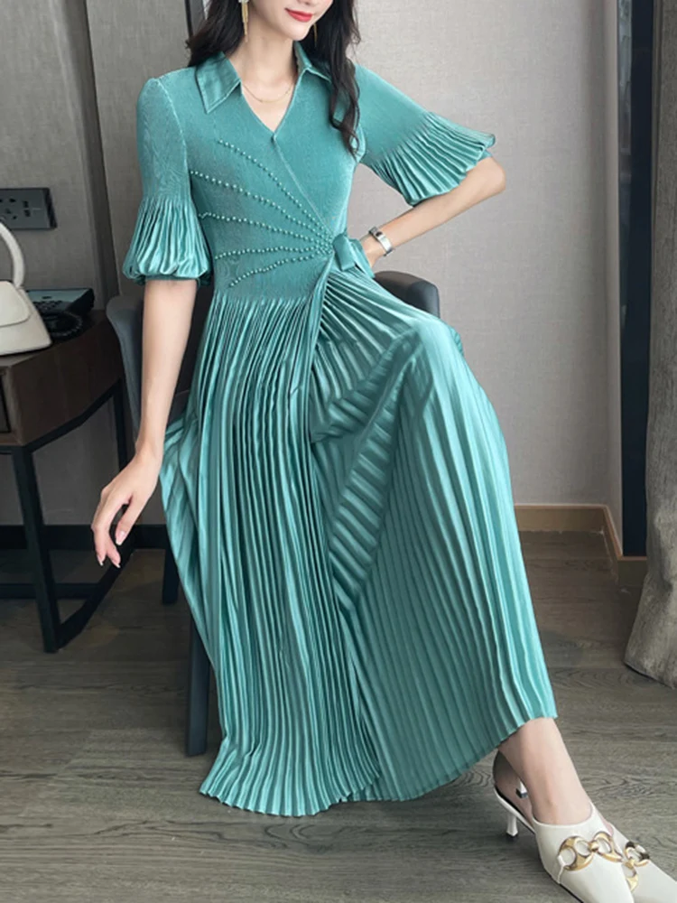 

Miyake Elegant Pleated Beading Dress Women V Neck Puff Sleeves Lace-up Gathered Waist Dresses Party 2023 Autumn Elegant Skirt