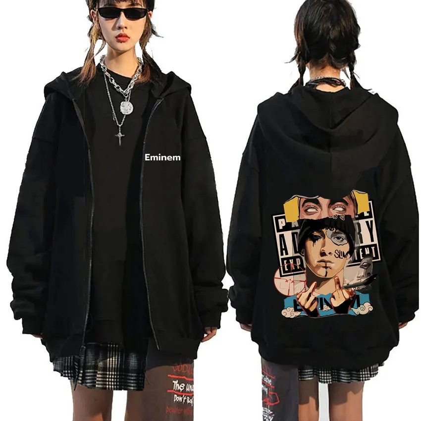 Rapper Eminem Slim Shady Graphic Zipper Hoodie Men Women Fashion Oversized Zip Up Jacket Men's Hip Hop Vintage Zip Up Hoodies
