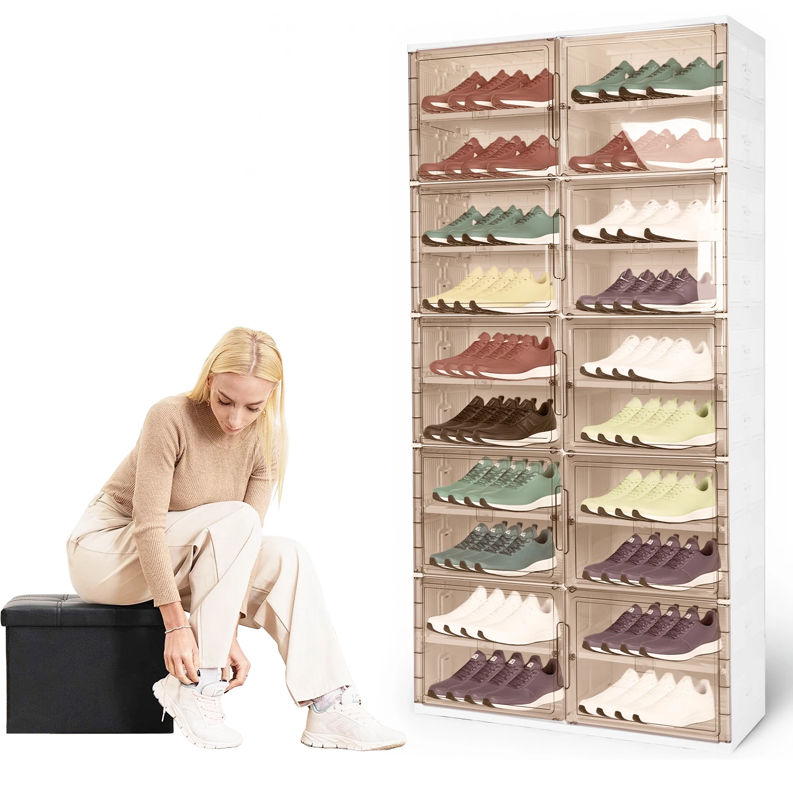 10 Tiers 40 Pairs Foldable Shoe Rack Organizer Plastic Shoe Cabinet (White)