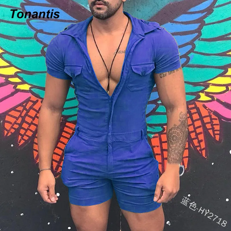 Fashion Cotton Men's Jumpsuit Summer Zipper Solid Color Short Sleeve Overalls Casual Streetwear Work Men's Bodysuit Y2K Clothing