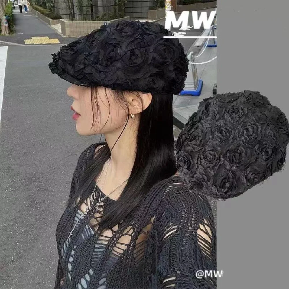

Korean Style Forward Hat Fashion Advanced Sense Retro Style Berets Cap Roses High-quality Painter Hat
