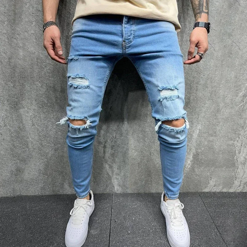 

2023 Spring Jeans Small Feet Light Blue Knee Hole Pants Slim Fit Men's Trousers Leisure Streetwear Pants Hip Hop Trousers Man