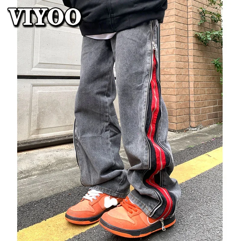 

Men's Y2K Clothes Baggy Jeans Zipper Oversize Hip Hop Wide Leg Straight Trousers Techwear Punk Denim Cargo Pants Pantalon Homme