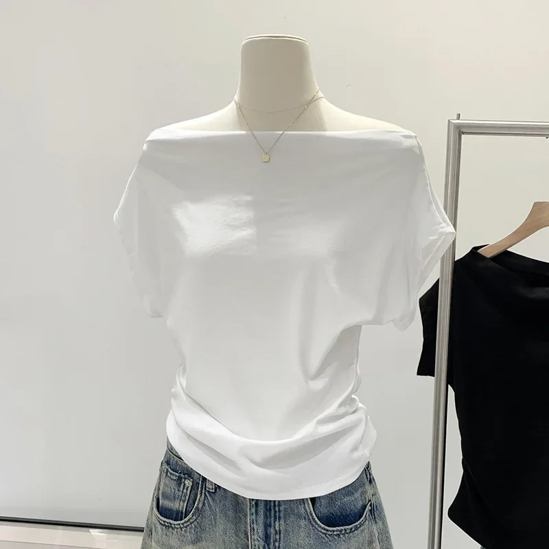 Off-shoulder Drape Short Sleeve T-shirt Women's Summer 2024 New Style Cropped Waist-fitted Drawstring Top Stylish Casual Wear 2