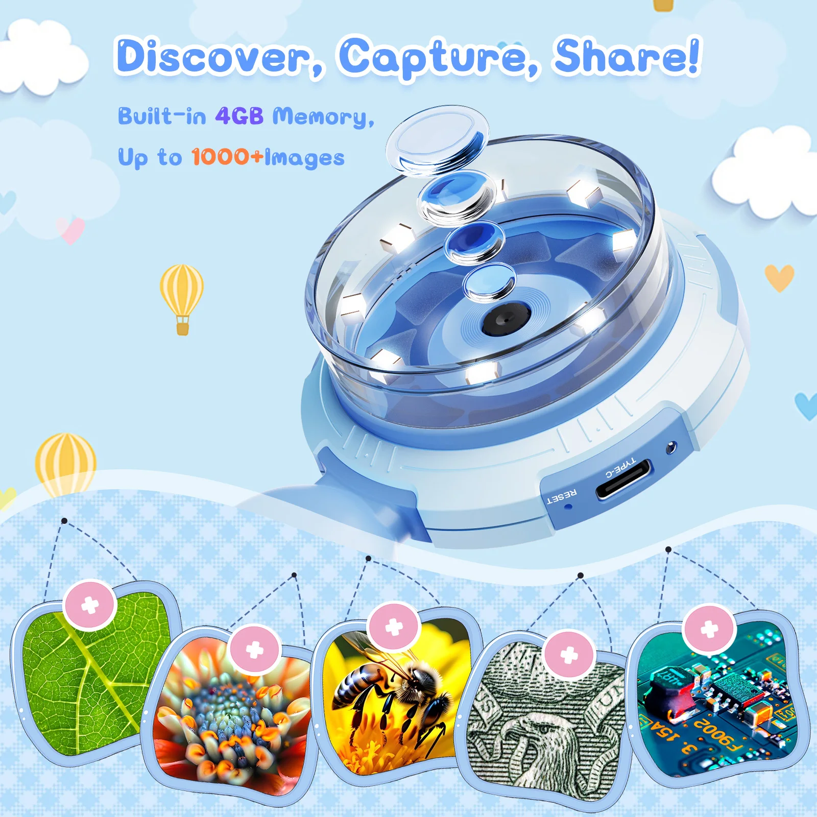 Kids Microscope with 100X Magnification Handheld Portable Digital Microscope for