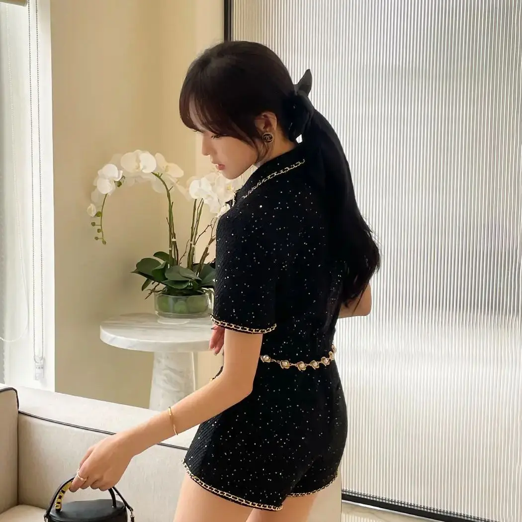 Playsuits Black Short Office Ladies Spring Summer Tweed Rompers Sleeve Slim Fit Designer Elegant High Waist Shorts Women Vintage