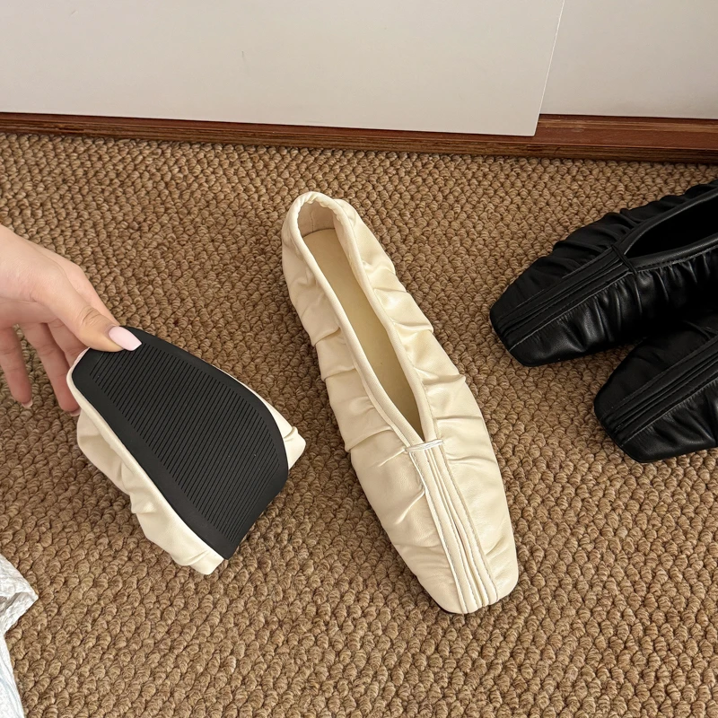 Aphixta Pleated Shallow Ballets Flats Shoes Elegant Women Korean Style Soft Sole Loafers Women Work Shoes Comfortable for Work